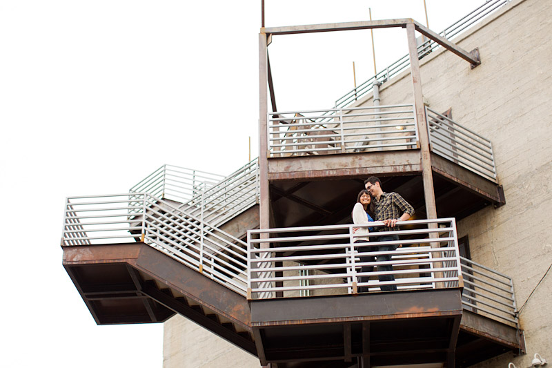 Hollywood, Wedding photography, urban engagement photos of bride and groom on a fire escape (1 of 2).