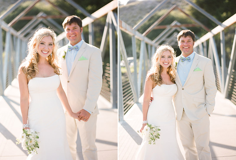 Avila Beach Golf Course wedding pictures of bride and groom on bridge.