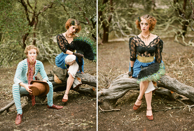 Loriana Ranch, San Luis Obispo Vintage Circus Freak Show Blue Bird inspiration shoot of clowns in a forest (2 of 4)