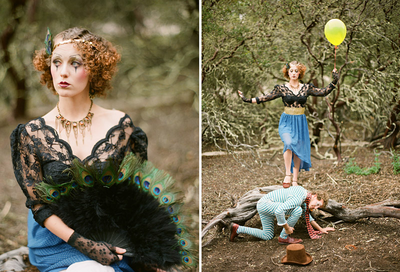 Loriana Ranch, San Luis Obispo Vintage Circus Freak Show Blue Bird inspiration shoot of clowns in a forest (3 of 4)