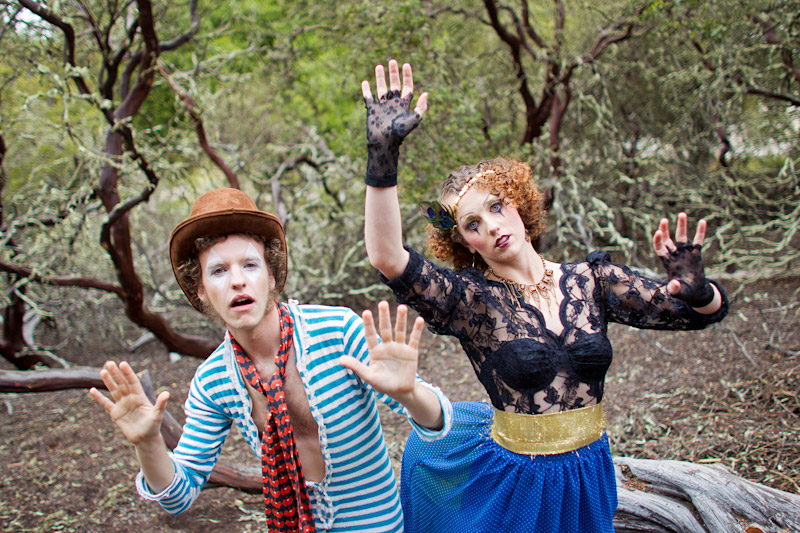 Loriana Ranch, San Luis Obispo Vintage Circus Freak Show Blue Bird inspiration shoot of clowns in a forest (4 of 4)