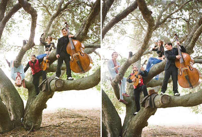 Loriana Ranch, San Luis Obispo Vintage Circus Freak Show Blue Bird inspiration shoot of Redskunk Band playing music in a tree (1 of 5)