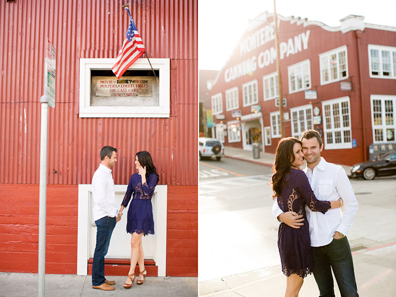 Monterey Engagement Photos of couple on Canary Row with Monterey Canning Company in the background. 