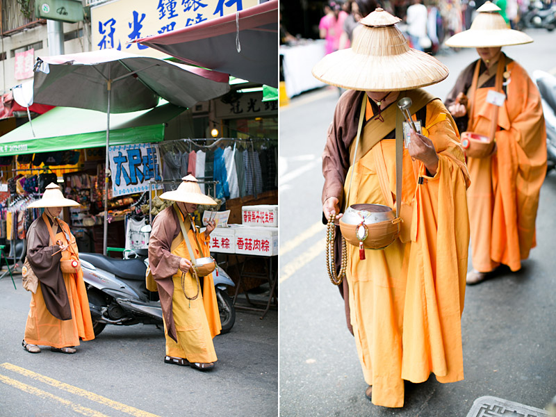 Taiwan wedding. Monks in the streets of day market.