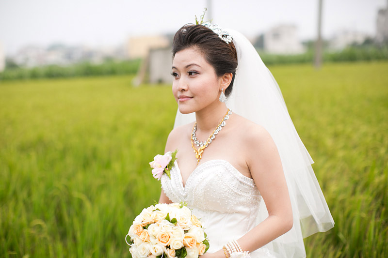 Taiwan wedding. Bride in rice field. (2 of 2)