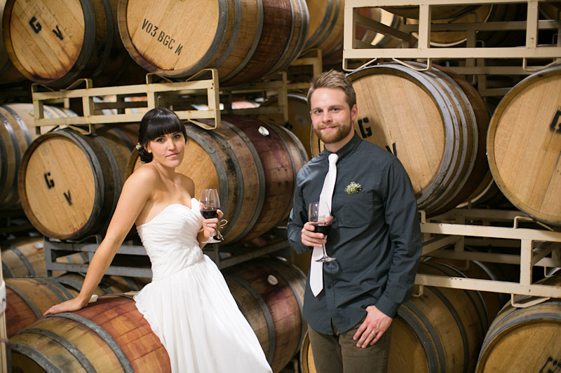central coast wedding photography, bride and groom in the barrel room