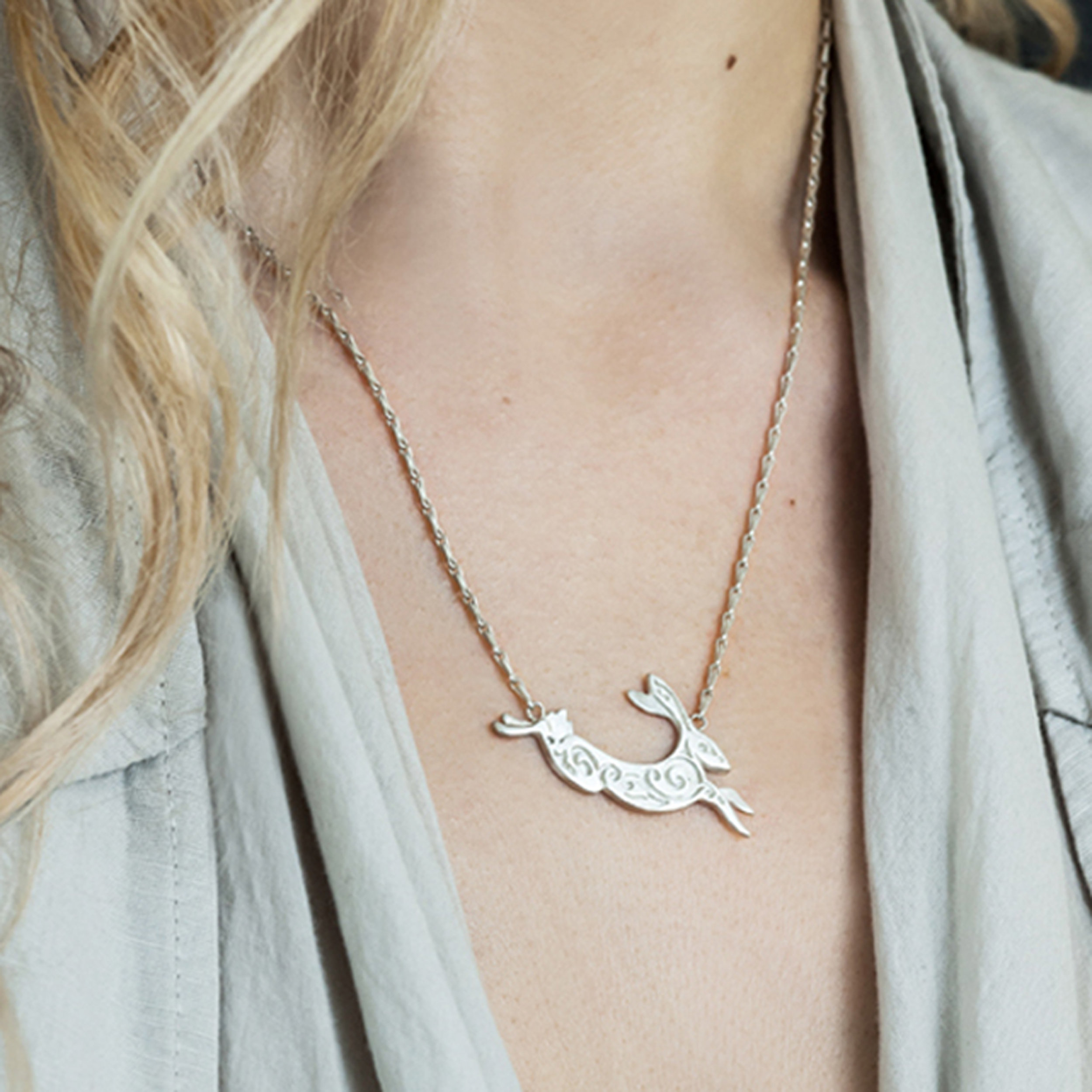 2. Small Silver Hare Necklace on model 300dpi