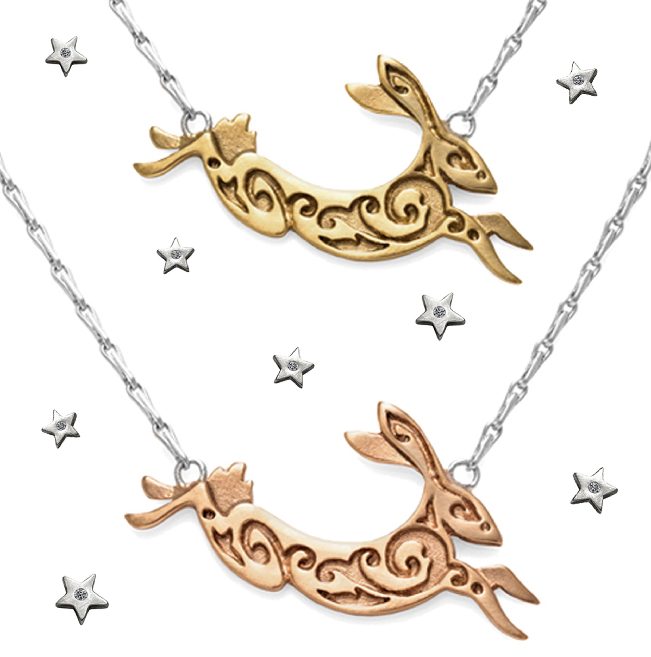 4. Small Hare Necklaces in recycled 9ct yellow and rose gold 300dpi