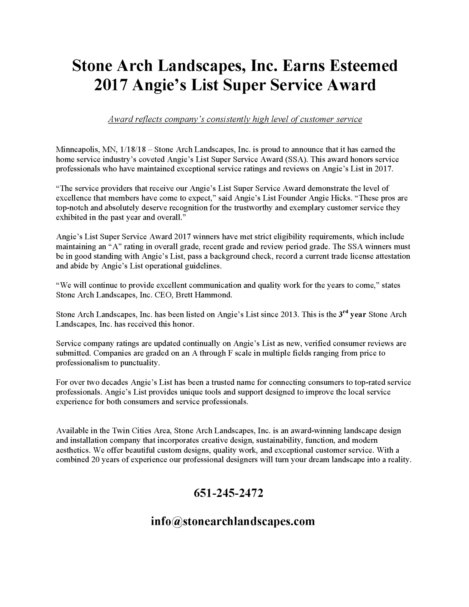 2017 Angie's List Super Service Award — Stone Arch Landscapes Minneapolis  Minnesota