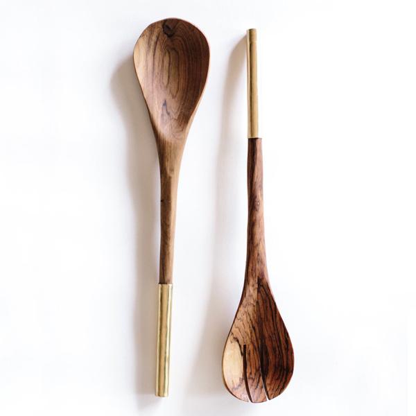 Zeal Living African Hand Carved Olive Wood Serving Spoons with Brass Handles