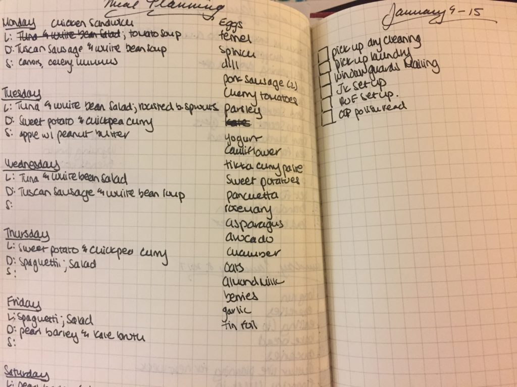 A weekly spread with meal planning on the left and a weekly to do list on the right.