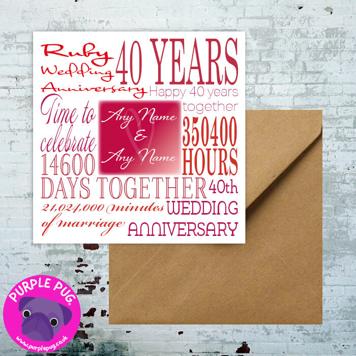 Ruby Wedding Anniversary greetings card Pug 40th wedding anniversary card