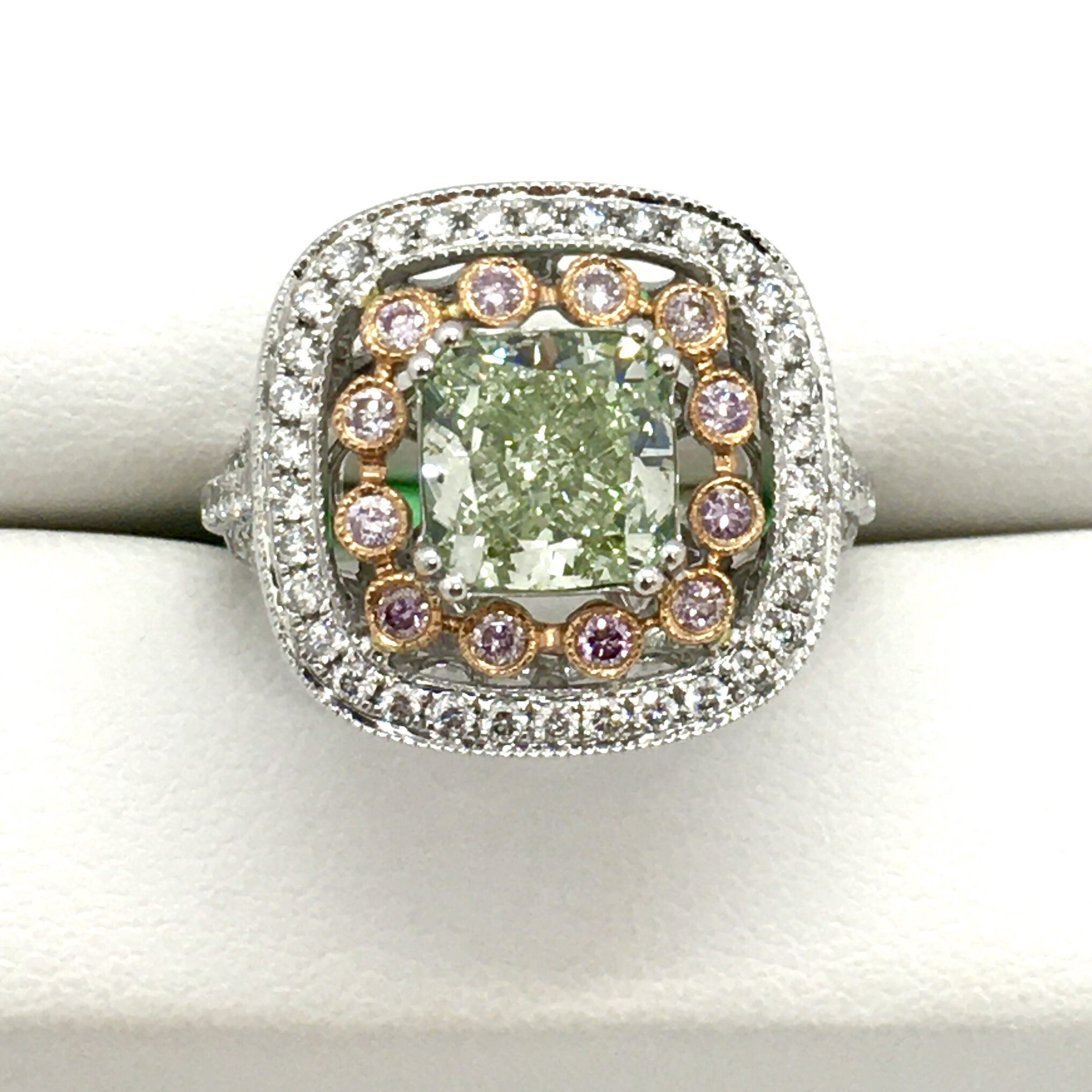 18K White Gold Exotic Kiwi Color Diamond, Pink Diamond Halo & White Diamond  Accent Wowzzah Ring! — Bradley's Jewelers