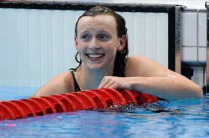 Katie Ledecky of the USA celebrates after winning the Women's 800m Freestyle at the London 2012 Olympic Games Swimming competition, London, Britain, 03 August 2012. Photo: Marius Becker dpa +++(c) dpa - Bildfunk+++