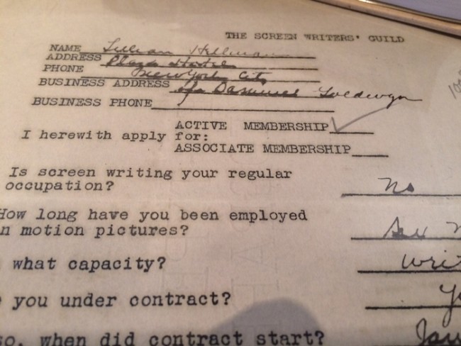 We also featured an exhibit of archival materials spotlighting women in writing - like Lillian Hellman's original application to the Screen Writers Guild.