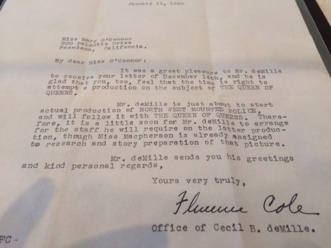 ...And this letter to Mary O'Connor from the office of Cecil B. de Mille. 