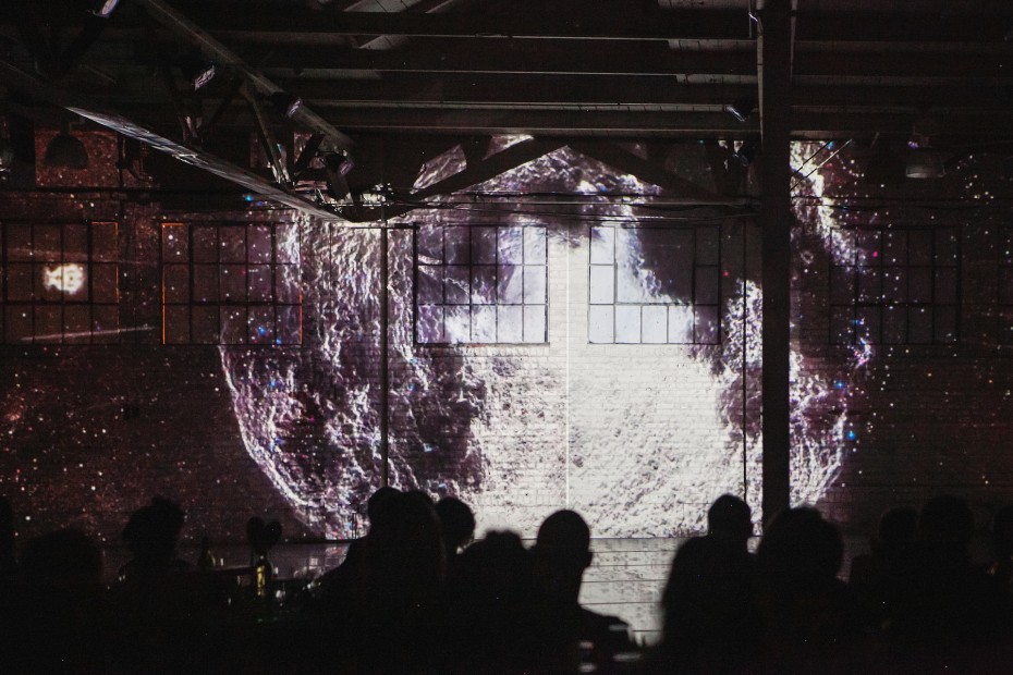 A moment from an immersive 3D projection experience produced by Kristopher Collins for the Hare Ball at Junction Box. Photo by  Amanda Tipton, 2014