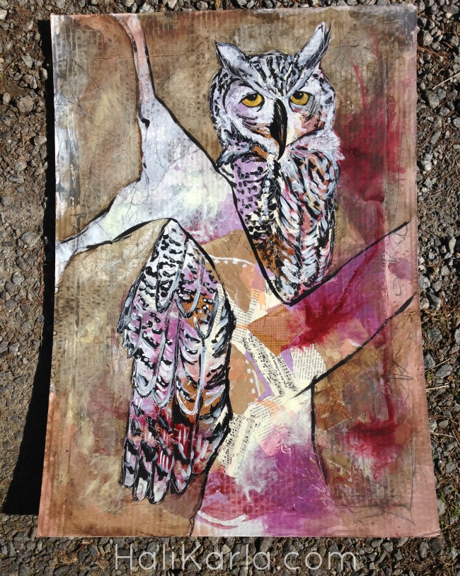 mixed media owl by Hali Karla