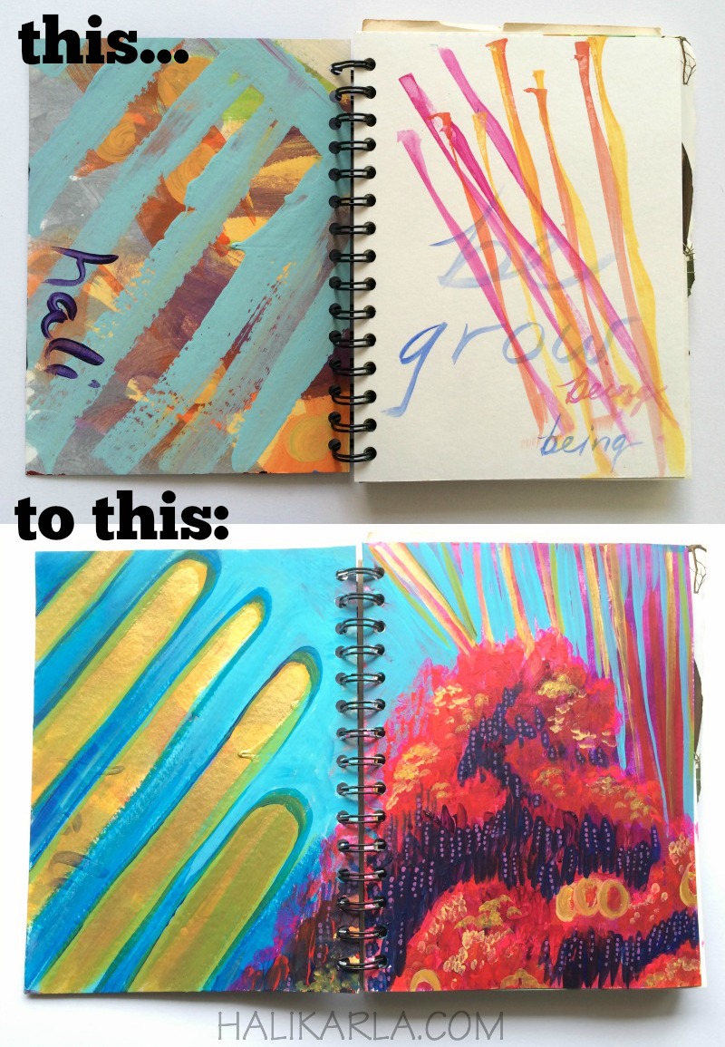 handmade wirebound art journal with scrap papers becomes fresh art journal territory, Hali Karla Arts