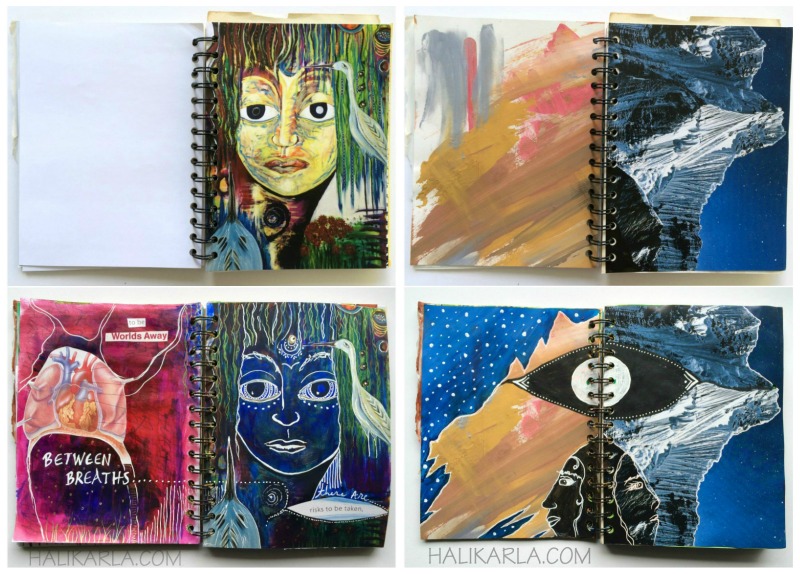28 day creative practice in handmade art journal made with scraps and old paintings, Hali Karla