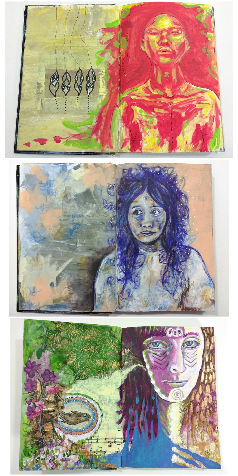 altered book art journal, creative practice, 3 different portrait styles (Hali Karla)