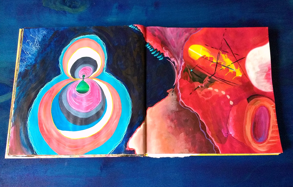 strange mixed-media altered book art journal spread (Hali Karla)