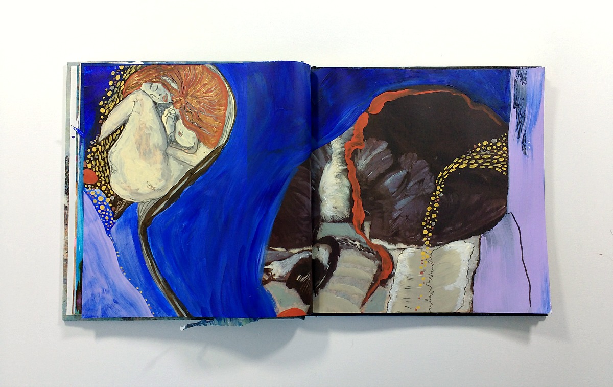 mixed-media altered book art journal spread (inspired by Klimt and Sisley) by Hali Karla
