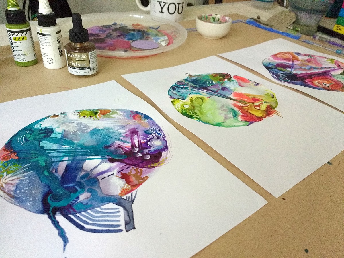 intuitive birth chart mandalas on the studio table - by Hali Karla (process video at link)