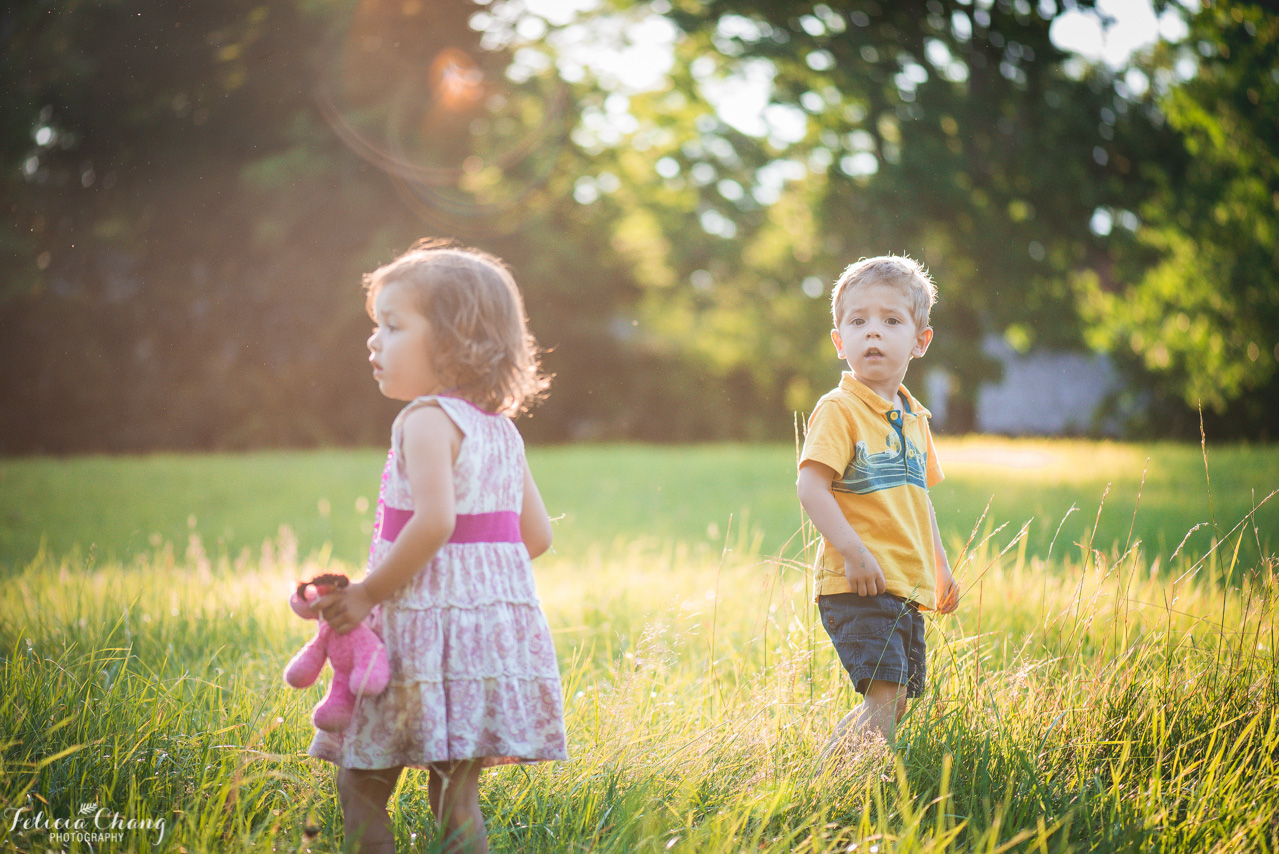 Twin siblings in golden light in the field, North Vancouver family photographer, Felicia Chang Photography
