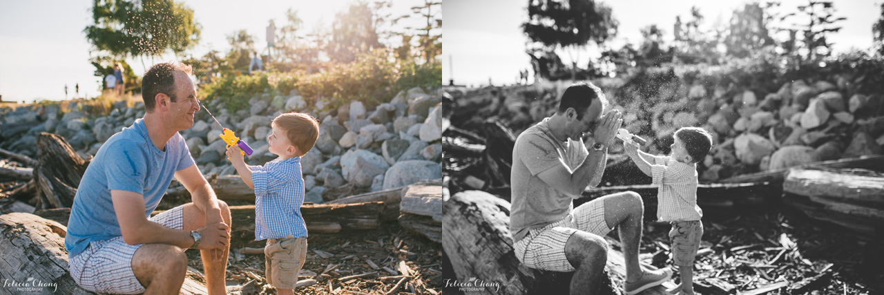 boy squirting daddy with water gun, vancouver family photographer, Felicia Chang Photography