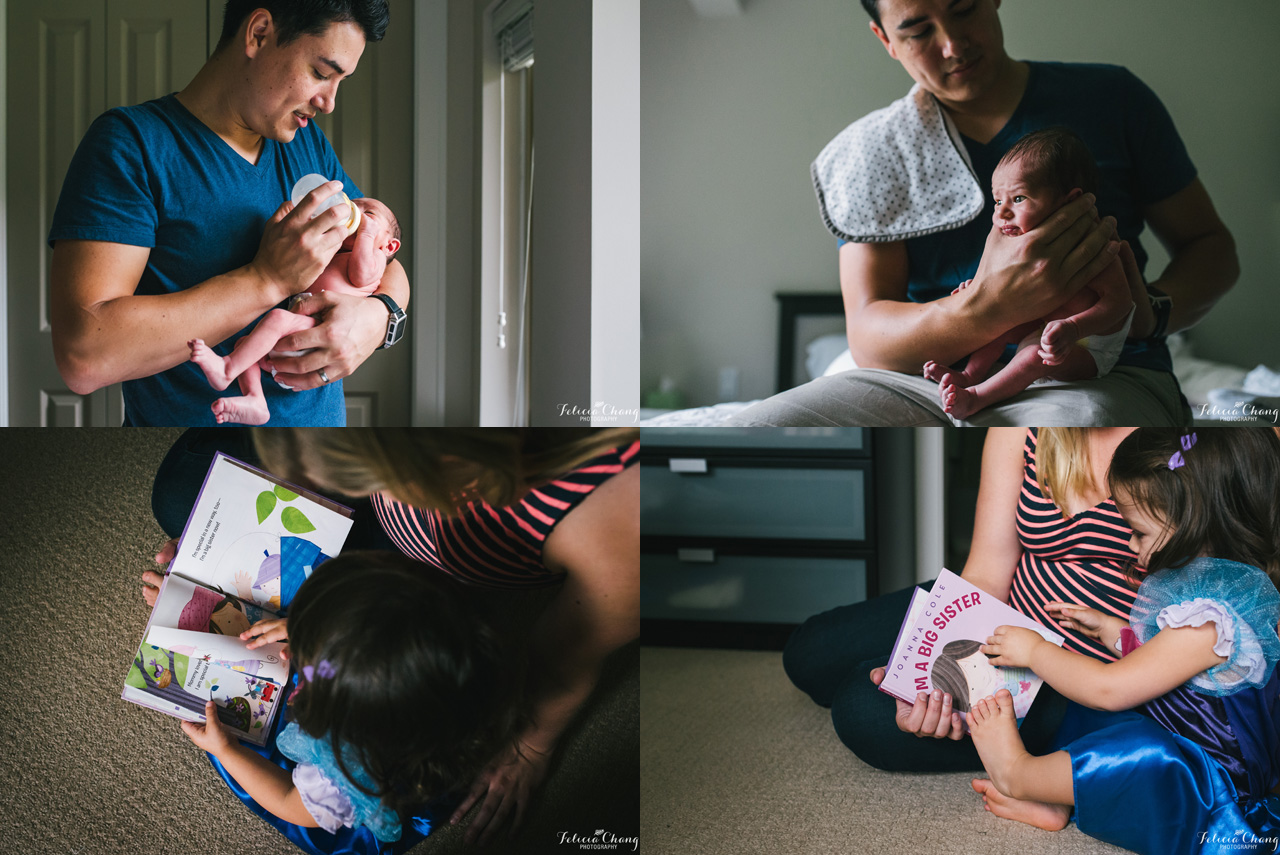 dad bottle feeding baby boy, burping, reading to daughter, North Vancouver newborn photographer, Felicia Chang Photography