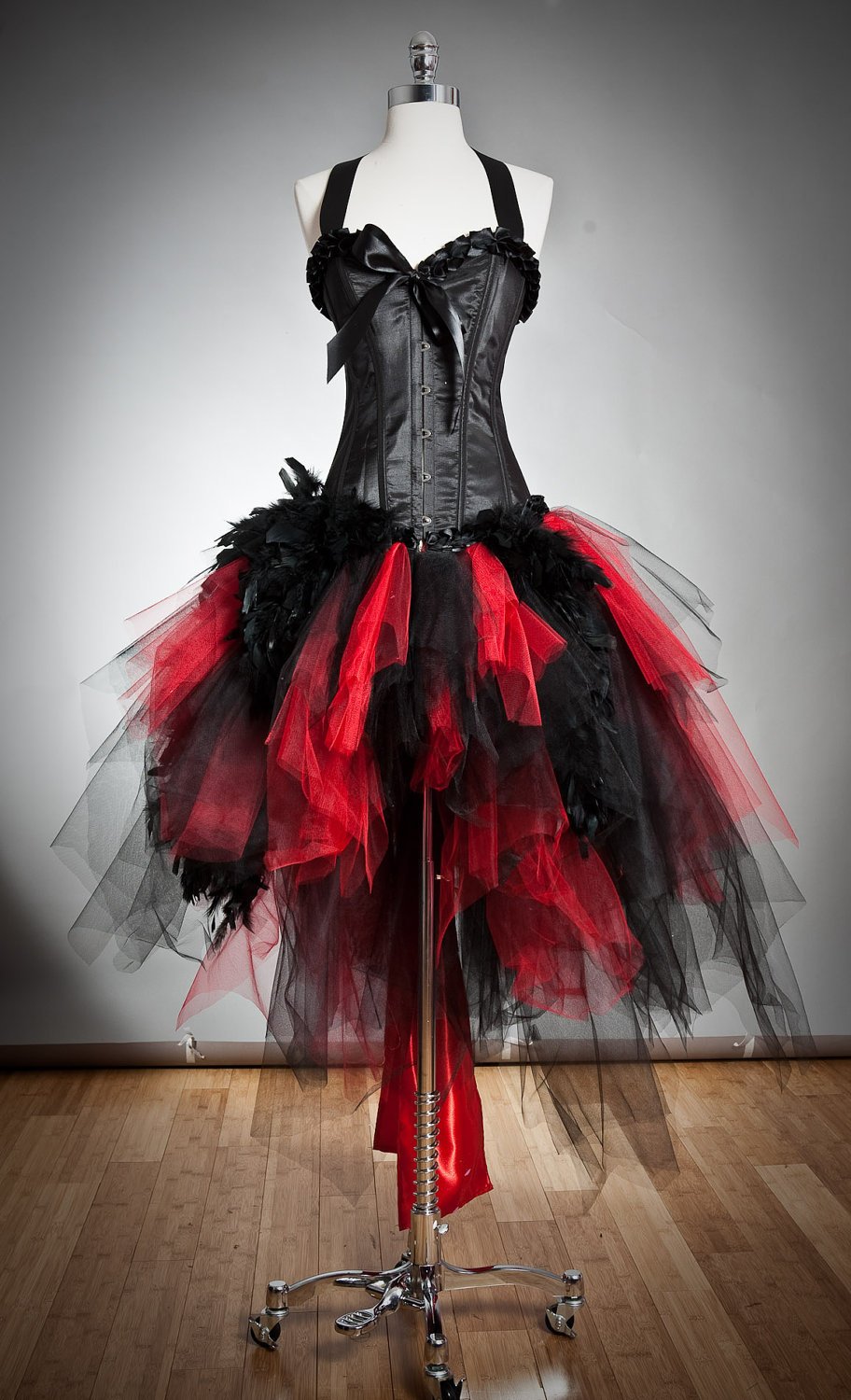 Custom size Red and Black Feather and tulle Burlesque Corset Prom