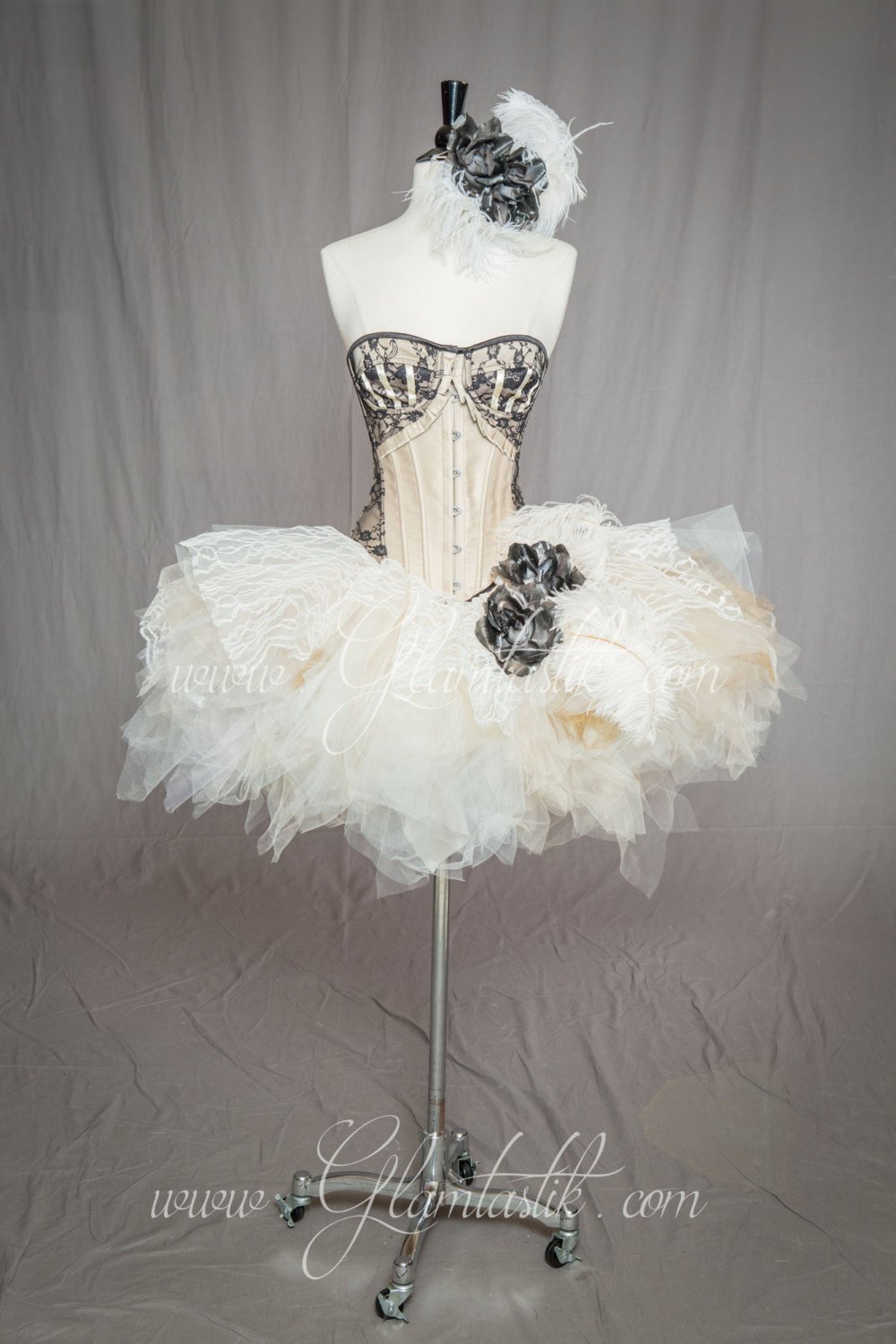 Custom Size black and ivory ostrich feather Marie Antoinette Burlesque  steampunk corset dress with hair piece S-XL — Glamtastik