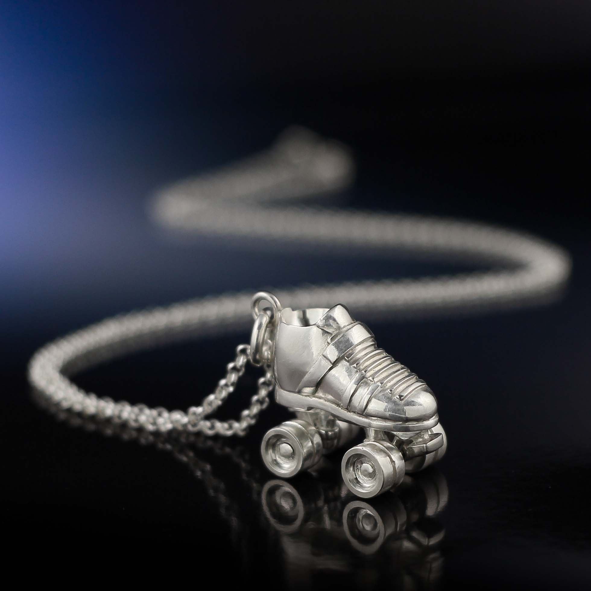 Silver roller derby necklace