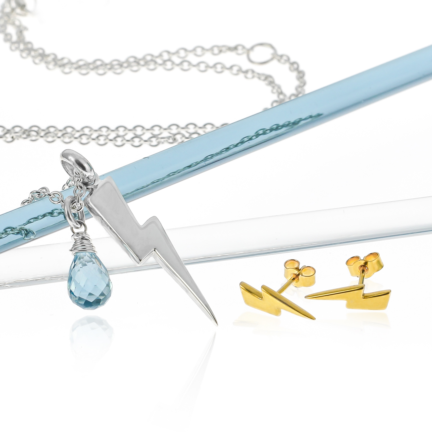 matte silver lightning bolt & cubic zirconia raindrop Stormy Weather Necklace