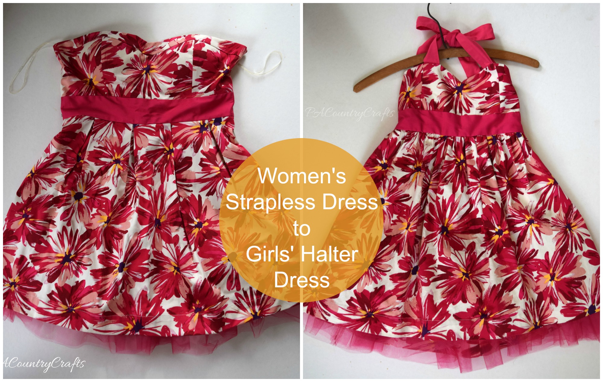 Turn a women's strapless dress into a little girls' halter dress.