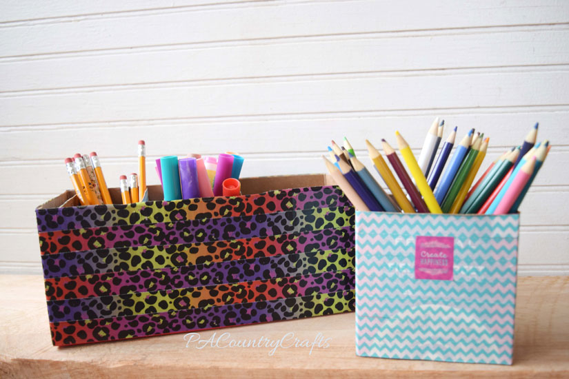 Washi tape on small boxes to sort school supplies