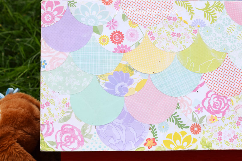 Scalloped Mod Podge roof made from scrapbook paper circles