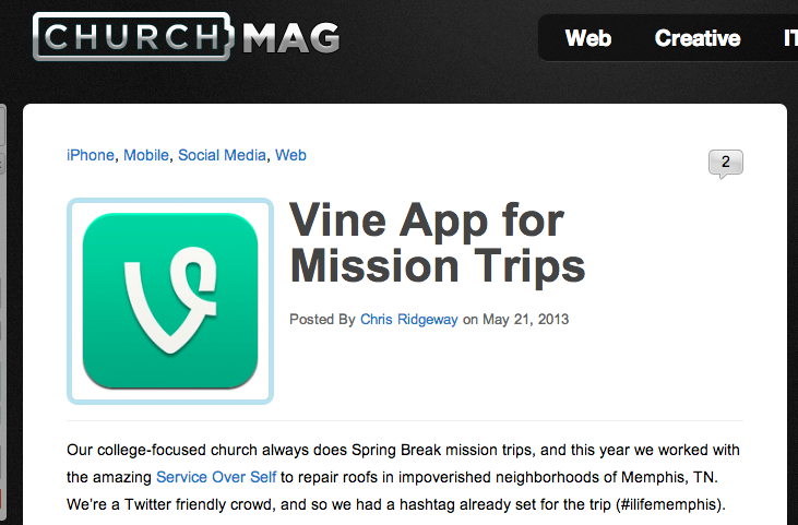 ChurchMag Post on Vine for Mission Trips