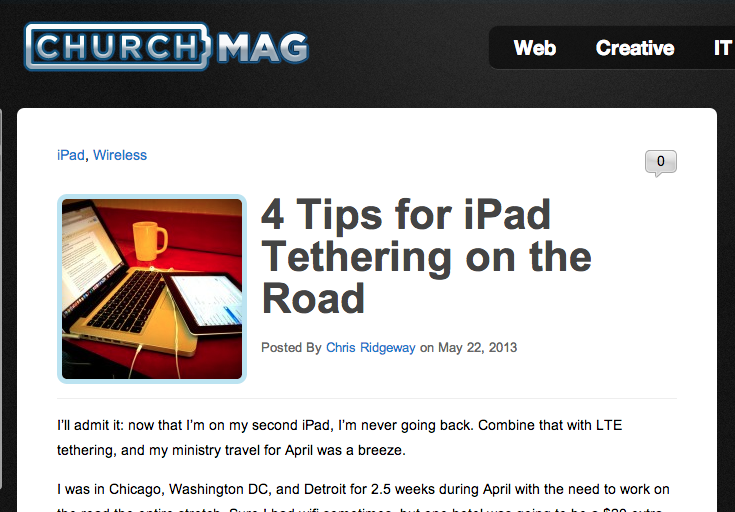 ChurchMag screenshot: 4 tips for ipad tethering on the road