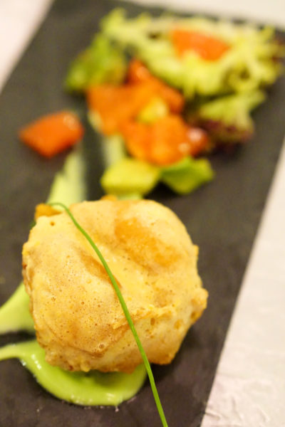 Crystal Jade Prestige at Marina Bay Financial Centre - Deep-fried Scallop with Salted Egg Yolk and Chilled Organic Tomato served with Avocado Sauce
