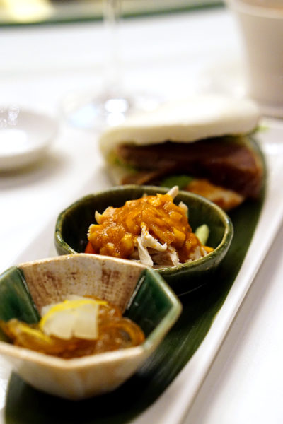 Shisen Hanten by Chen Kentaro, Mandarin Orchard Singapore - Trio of Appetisers - London Duck with Chinese Steamed Bun, Chilled Chicken with Sesame Sauce, Chilled Jellyfish with Pickles