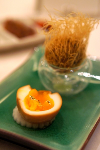 Golden Peony Conrad Centennial Singapore - Tea Inspired Menu - Shanghainese Smoked Egg with 'Tie Guan Yin' Tea and Crispy Prawn Ball with 'Nanjing' Flower Tea Leaves