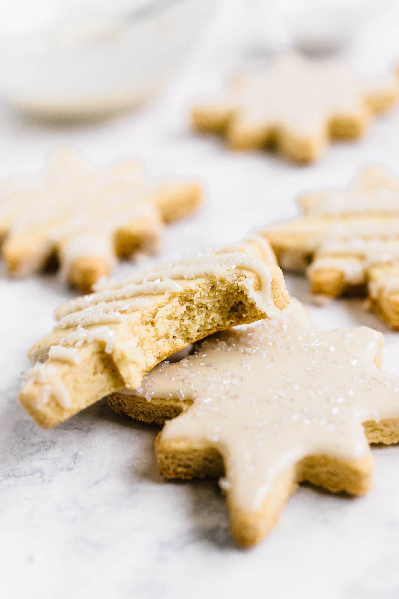 close up of iced plate of iced Almond Flour Sugar Cookies cut-outs