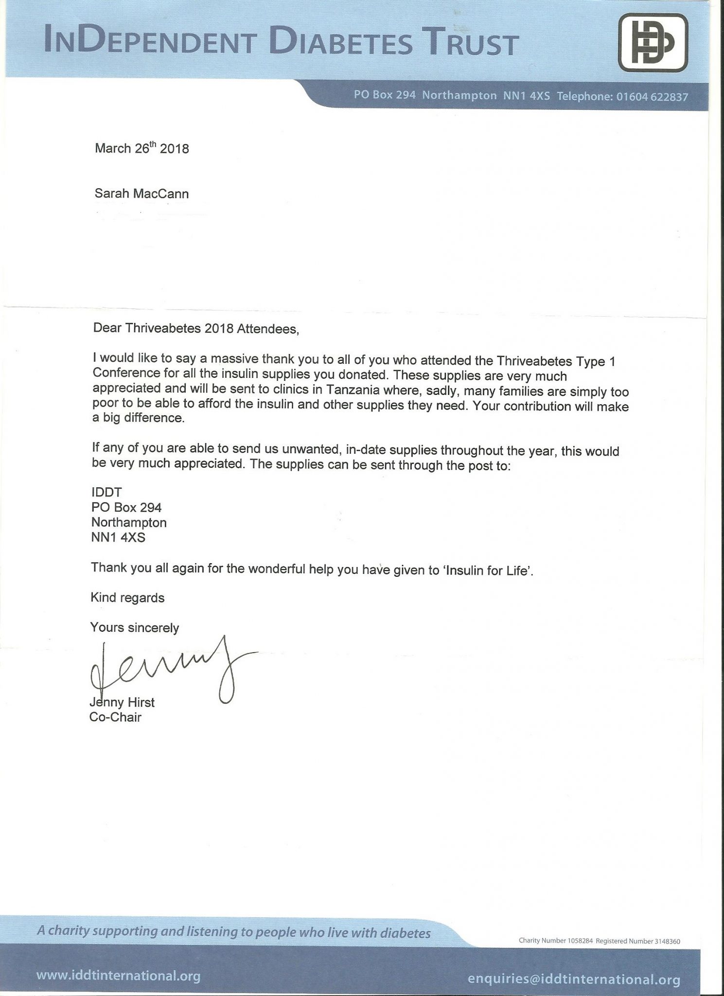 Thank you letter from the InDependent Diabetes Trust