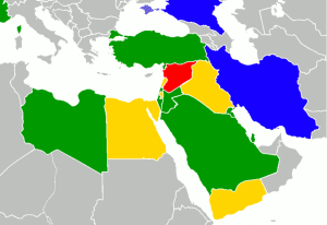 Foreign engagement in Syria: Blue supports Assad, Green supports opposition. (Cowik | Wikimedia Commons)