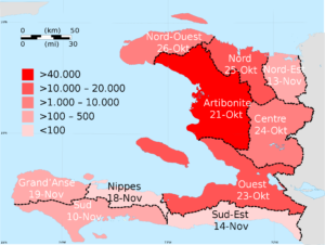 Map showing the regions most affected by the Cholera outbreak in Haiti.