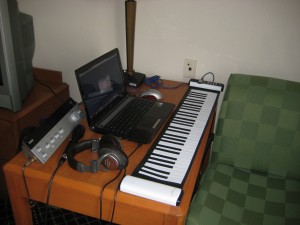 My road ready recording studio.  It takes about two minutes to set up. Notice the fold up piano!