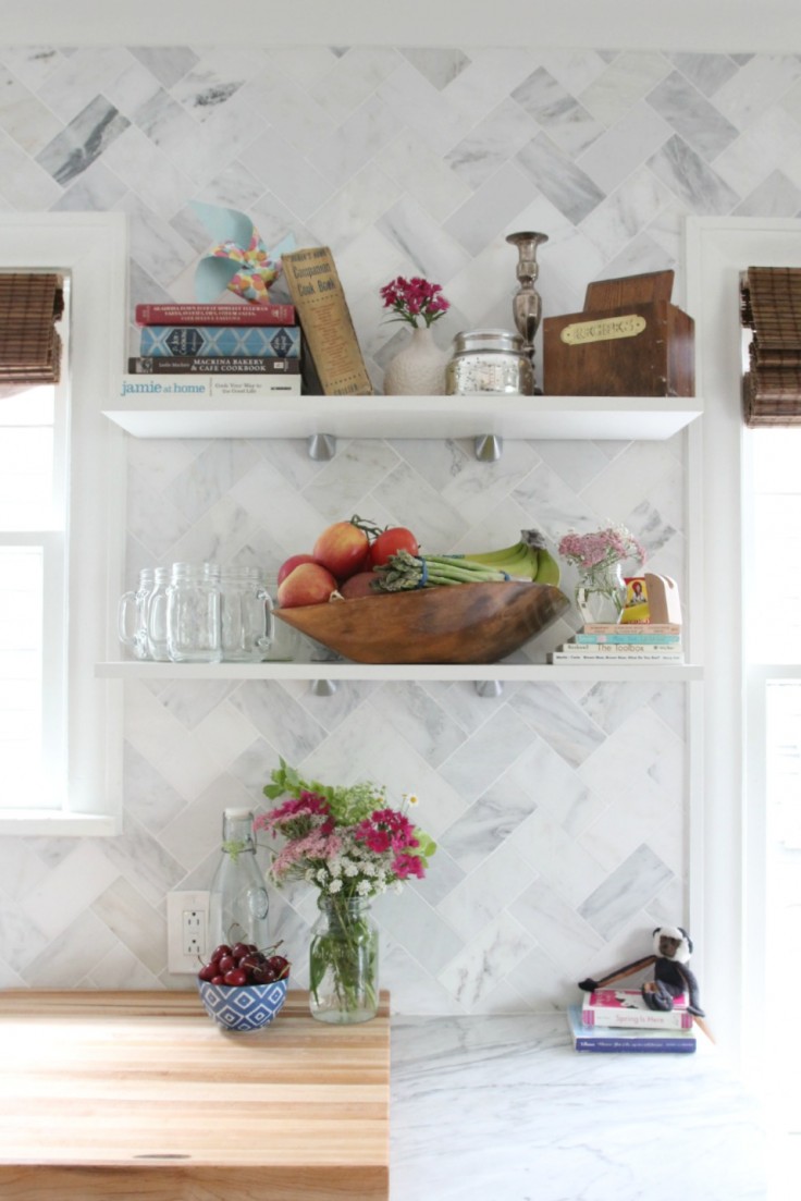 Kitchen Open Shelves on Marble Backsplash