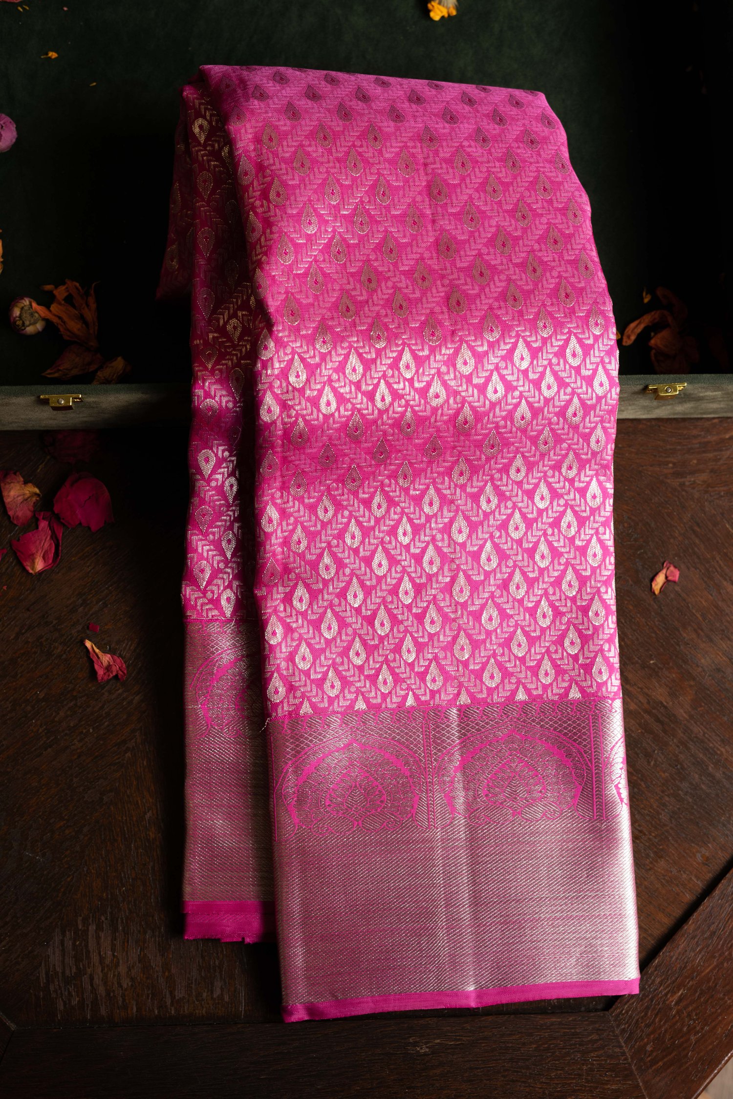 Indian Pink Silver Zari Butta Work Ethnic Sari Kanjivaram Silk Party Wear Saree